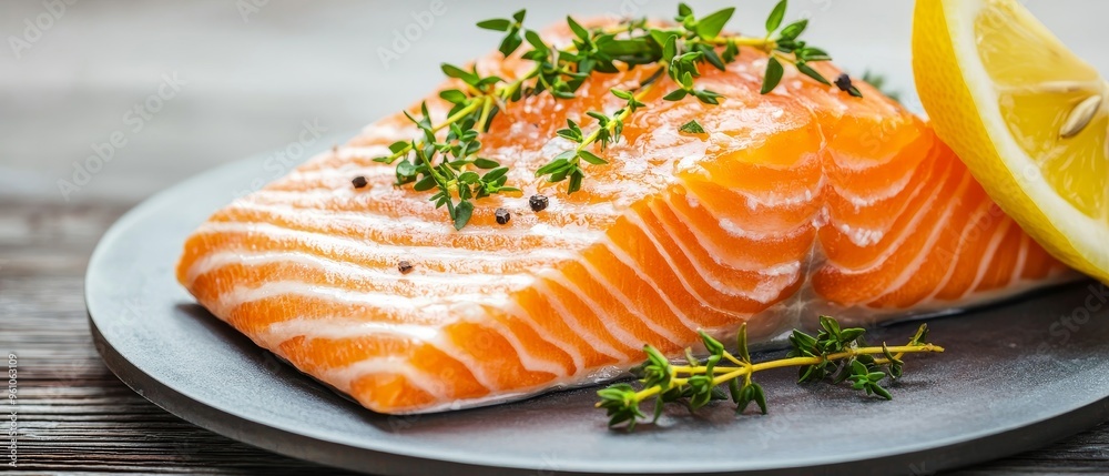 fresh salmon fillet with thyme and lemon for brain health - close up view of omega-3 rich food fresh salmon fillet with thyme and lemon for brain health - close up view of omega-3 rich food