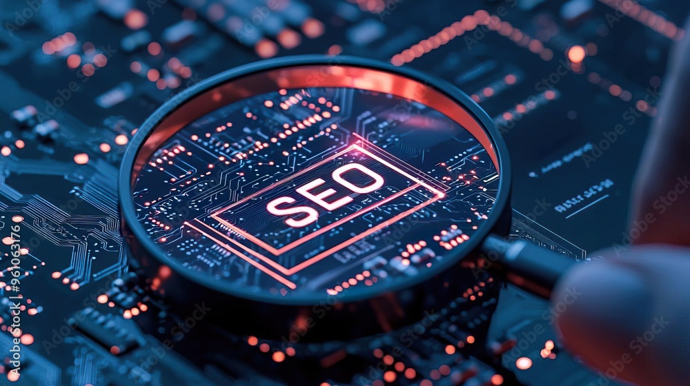 Obraz premium A close-up view of a magnifying glass highlighting SEO text on a digital circuit board, symbolizing online optimization.