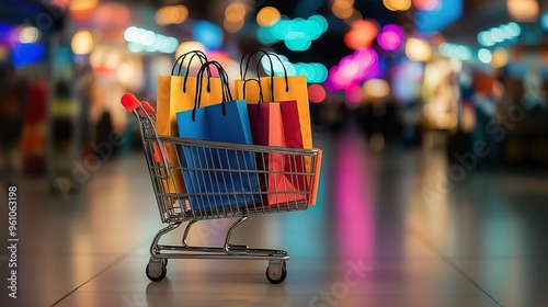 A colorful shopping cart filled with vibrant bags, set against a blurred shopping mall background. photo