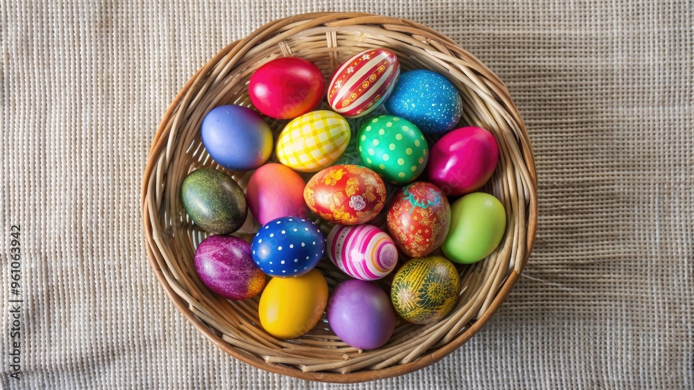 Colorful Easter eggs in a woven basket , Easter, eggs, basket, holiday, decoration, spring, pastel, festive Colorful Easter eggs in a woven basket , Easter, eggs, basket, holiday, decoration, spring, pastel, festive