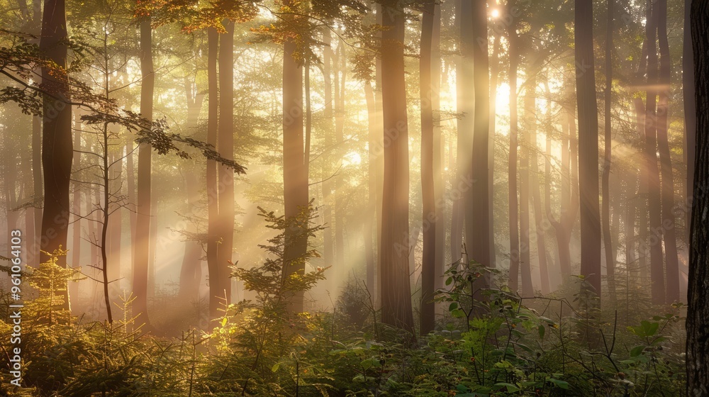 Obraz premium a misty forest at golden hour, with sunlight piercing through the fog and casting a soft, warm glow on the trees and undergrowth, creating a magical ambiance, with copy space for text