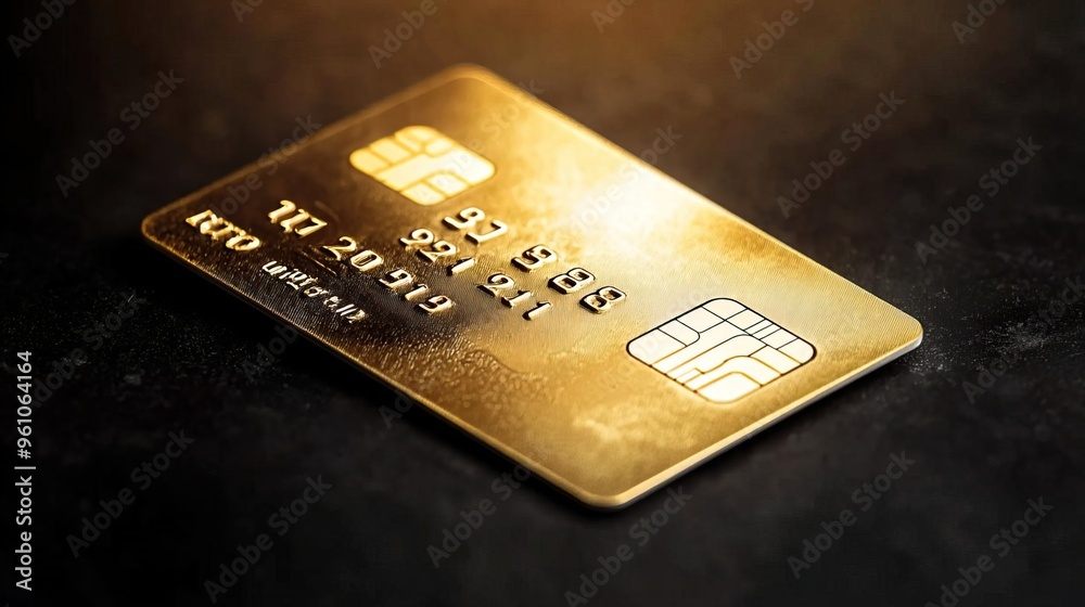 Close-up of a luxurious gold credit card resting on a dark surface, highlighting its elegant design and metallic finish. Close-up of a luxurious gold credit card resting on a dark surface, highlighting its elegant design and metallic finish.