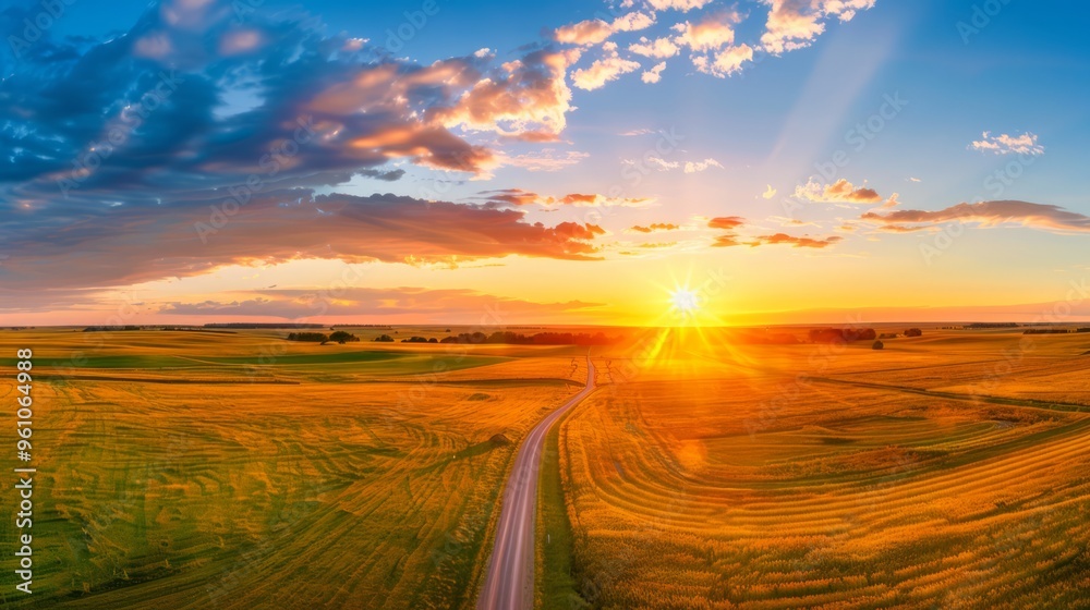 sunset over a tranquil countryside, with a quiet country road leading through open fields and the golden hour light enhancing the natural beauty, with plenty of copy space for text sunset over a tranquil countryside, with a quiet country road leading through open fields and the golden hour light enhancing the natural beauty, with plenty of copy space for text