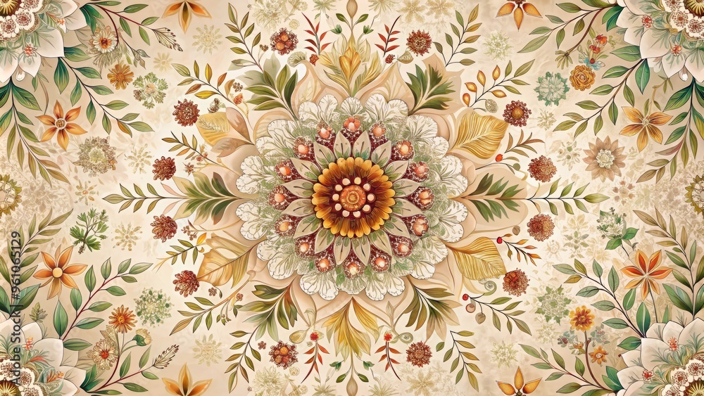 Intricate mandala design featuring delicate florals and foliage in warm earth tones, set against a soft, creamy background with subtle texture. Intricate mandala design featuring delicate florals and foliage in warm earth tones, set against a soft, creamy background with subtle texture.