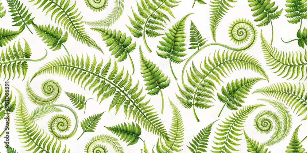 Illustrate a whimsical, hand-drawn pattern of delicate fern fronds and curls on a white background to capture the essence of a lush, mystic forest. Illustrate a whimsical, hand-drawn pattern of delicate fern fronds and curls on a white background to capture the essence of a lush, mystic forest.