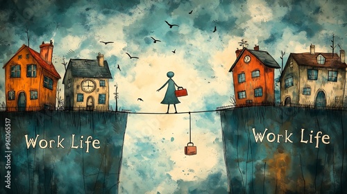 Woman Balancing Work Life on Tightrope