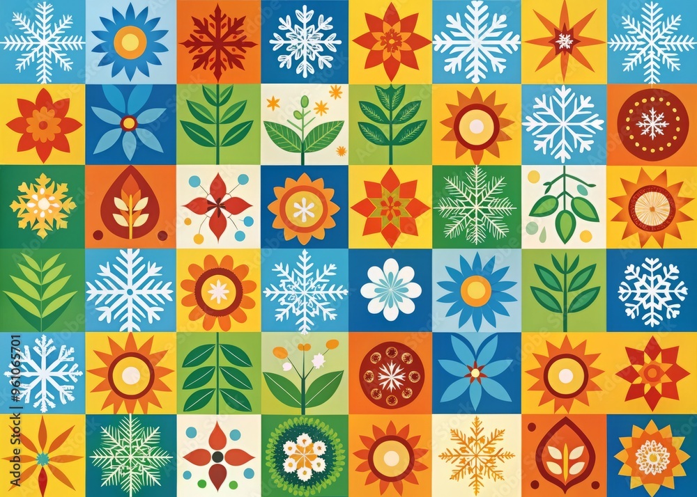 Obraz premium A bold, graphic pattern featuring stylized seasonal icons, including winter's snowflake, spring's flower, summer's sun, and fall's leaf, arranged in a geometric mosaic that shifts