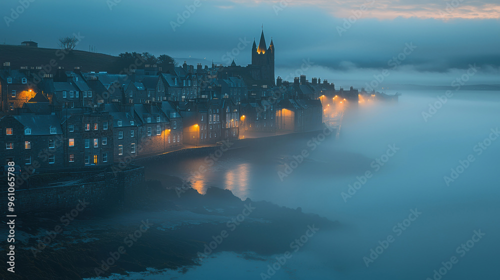 Naklejka premium Foggy evening in a quaint village by the sea, warm lights glowing from windows, reflecting on the water, creating a mystical and serene atmosphere.