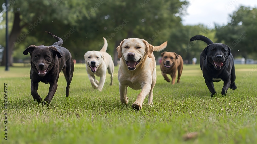 A group of Labrador Retrievers with short legs playing fetch in a grassy park A group of Labrador Retrievers with short legs playing fetch in a grassy park