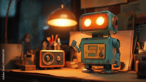 Vintage Toy Robot On Desk At Night