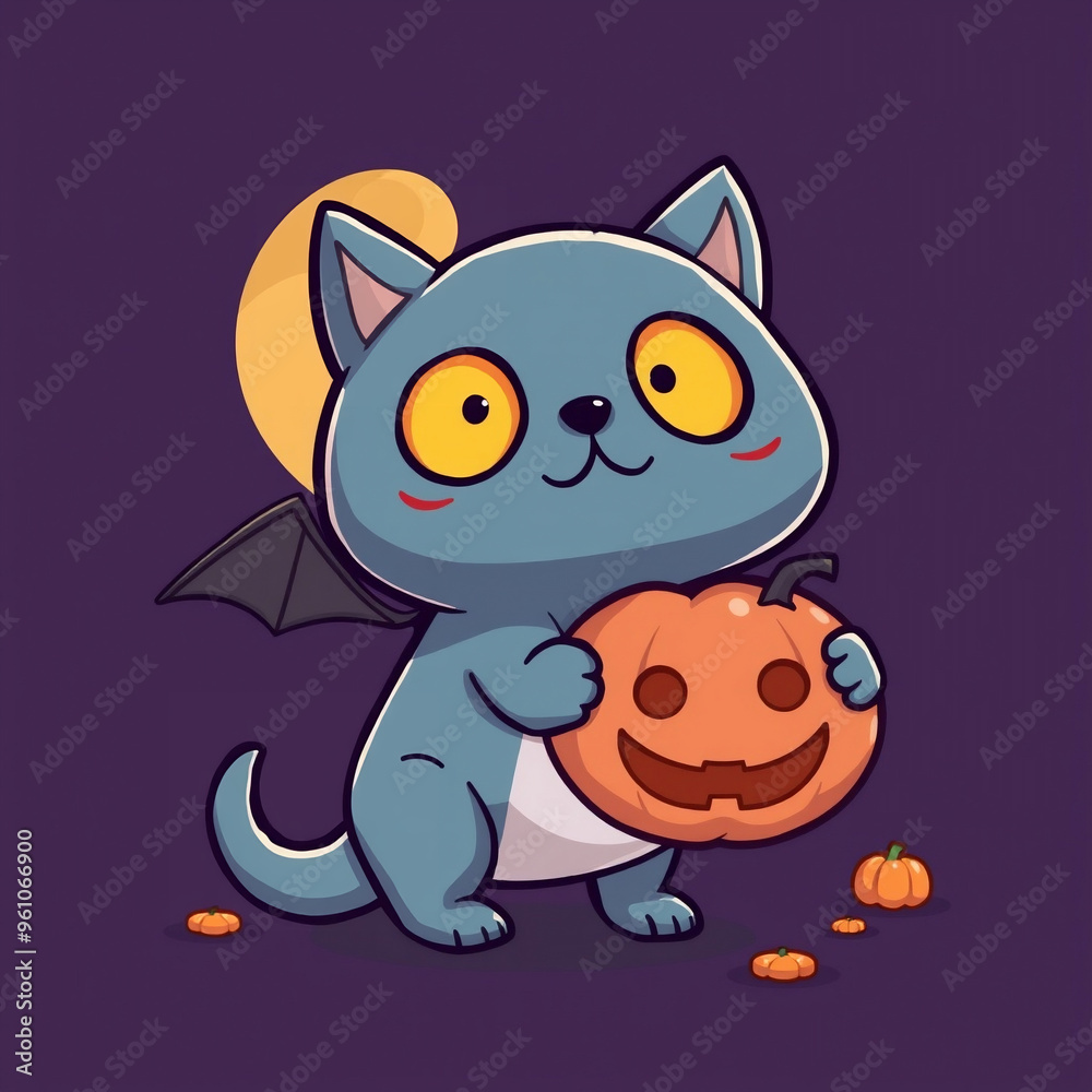 Happy halloween cartoon background with a cat, pumpkins and bat Happy halloween cartoon background with a cat, pumpkins and bat