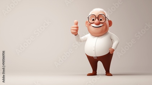 Happy smiling cartoon character old senior elder mature man grandfather person showing thumb up gesture in 3D style design on light background