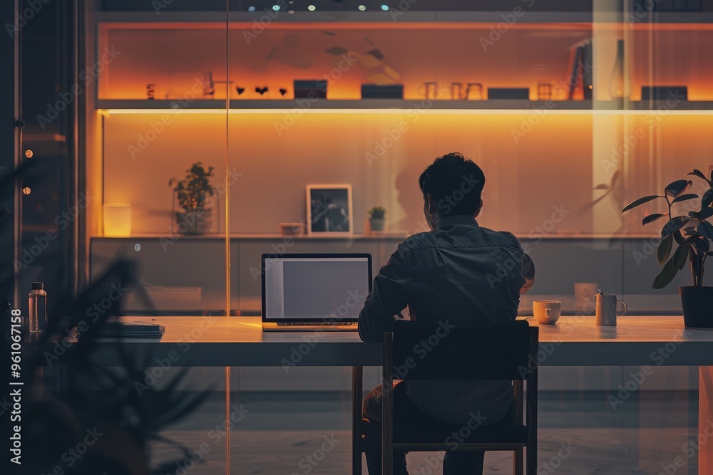 Fototapeta premium Man Working on Laptop at Desk in Office