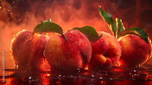 Fresh Peaches on a dark smoky neon lights background photo