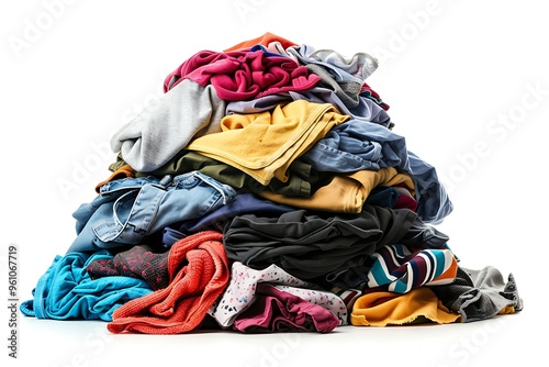 Lots of bright dirty and clean colorful scattered clothes on white background