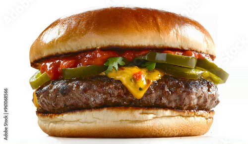 jalapeño burger with a kick, featuring a beef patty, spicy jalapeños, and pepper jack cheese, all packed into a toasted bun photo