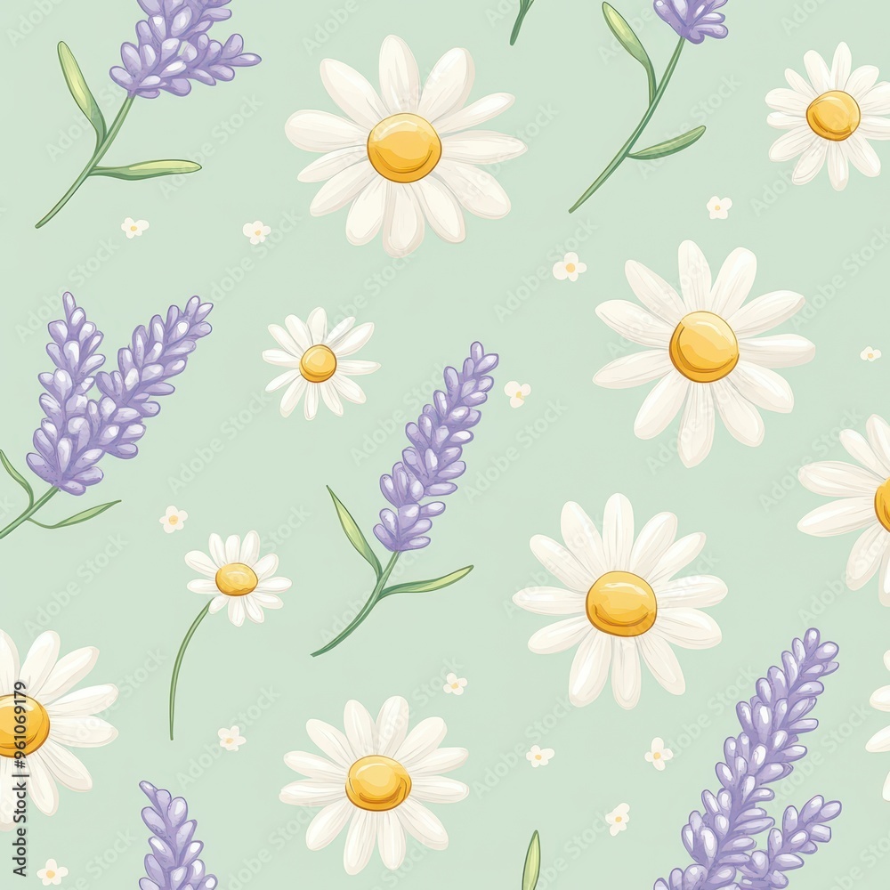 Obraz premium A floral pattern featuring daisies and lavender on a soft green background.