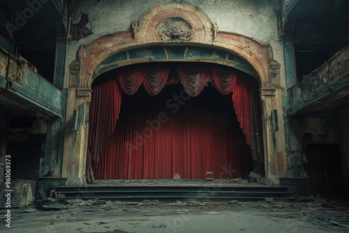 Abandoned theater stage with red velvet curtains, showcasing haunting atmosphere of neglect and decay.