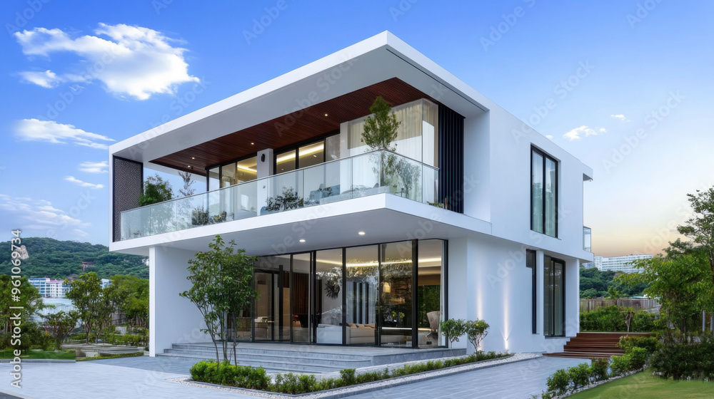 A sleek, modern white villa with expansive glass windows, a spacious garden, and a clean, minimalist architectural design. A sleek, modern white villa with expansive glass windows, a spacious garden, and a clean, minimalist architectural design.