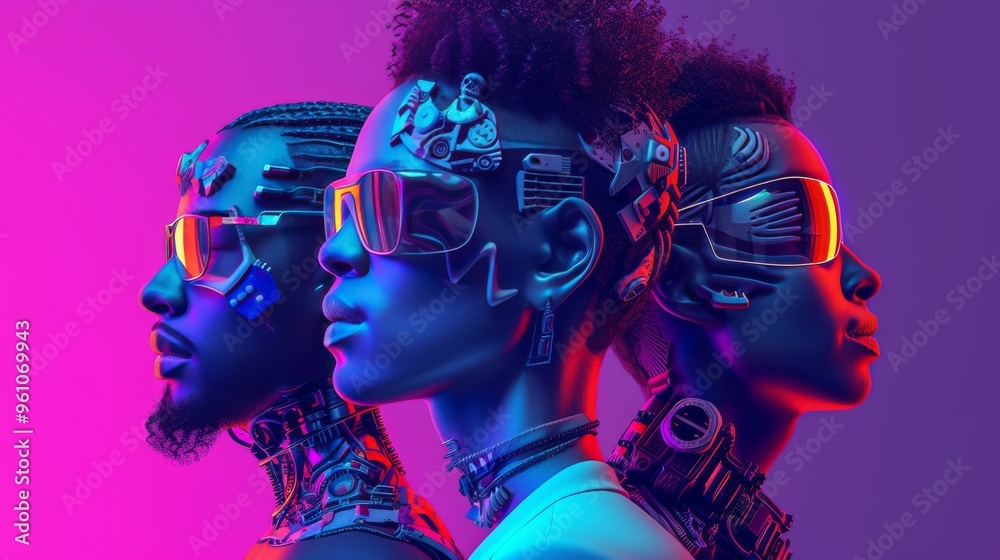A trio of diverse cyborgs showcasing advanced cybernetic enhancements and futuristic eyewear in a neon-lit environment. The image highlights the integration of technology with human identity A trio of diverse cyborgs showcasing advanced cybernetic enhancements and futuristic eyewear in a neon-lit environment. The image highlights the integration of technology with human identity