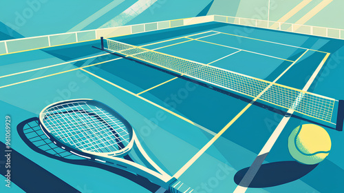 tennis court, featuring blue and green tones. A white net with black edges runs across half of it. The foreground features two rackets facing each other on one side of the scene