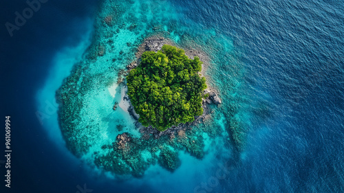 Aerial view of tropical island surrounded by crystal clear waters, showcasing vibrant greenery and rocky shores.