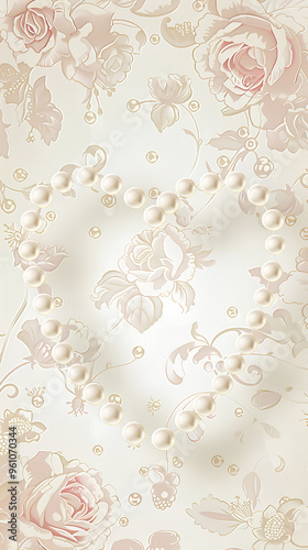 Design a white background with delicate floral patterns and small roses, creating an elegant backdrop for the pearls. The heart-shaped pearl necklace for romance to your Valentine's Day