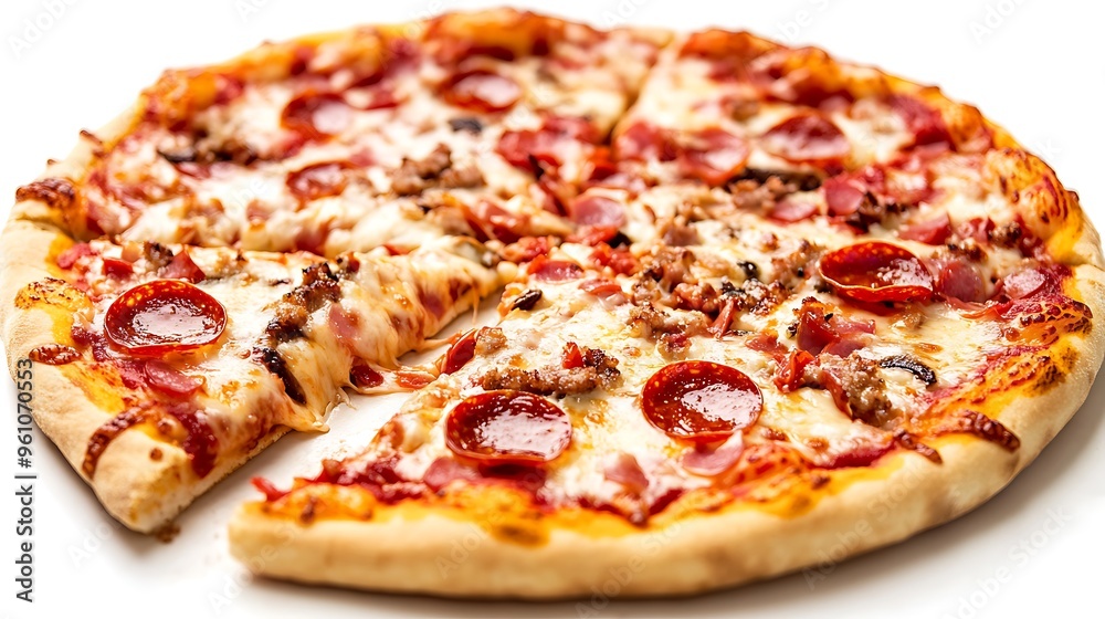 Delicious Pepperoni and Sausage Pizza with Melted Cheese Delicious Pepperoni and Sausage Pizza with Melted Cheese