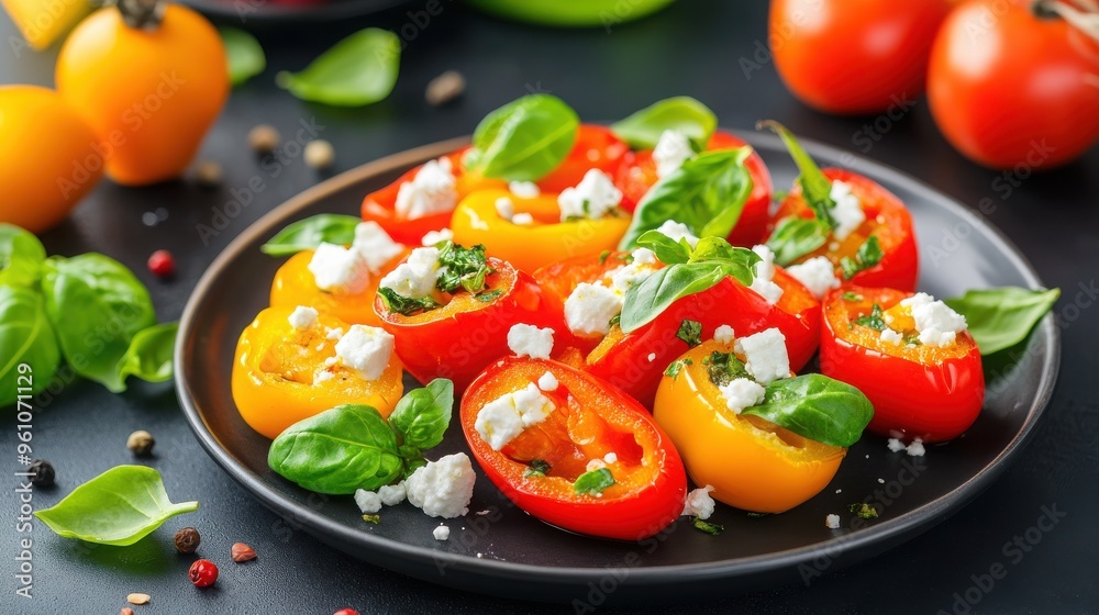 A vibrant salad featuring sliced red and yellow bell peppers with fresh basil and feta cheese on a black plate, perfect for a healthy meal. A vibrant salad featuring sliced red and yellow bell peppers with fresh basil and feta cheese on a black plate, perfect for a healthy meal.