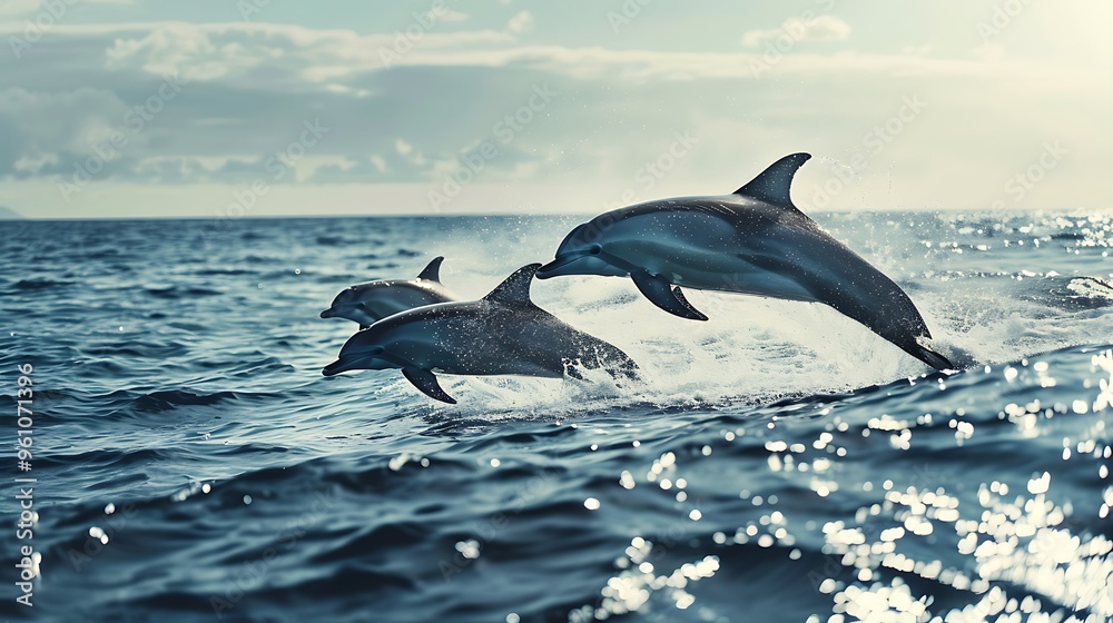 Fototapeta premium Gorgeous bottlenose dolphins leaping from the ocean on a sunny day