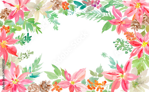 A vector frame for Christmas featuring watercolor-painted poinsettias and holly. A watercolor background illustration for the holiday season.