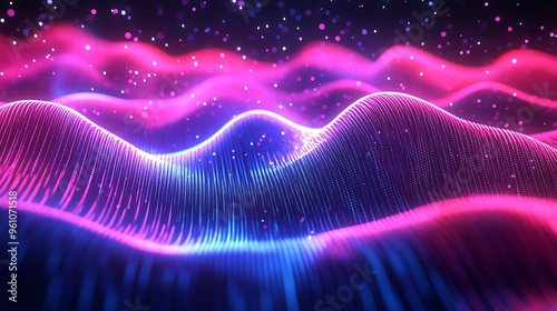 Abstract digital background with pink and blue neon waves and particles.