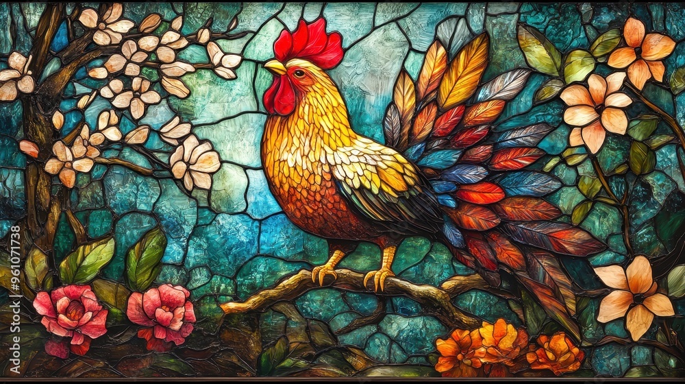 Fototapeta premium Ultra-realistic stained glass with neoclassic Thai chicken, framed by a super textured background of trees and blooming flowers, cinematic style