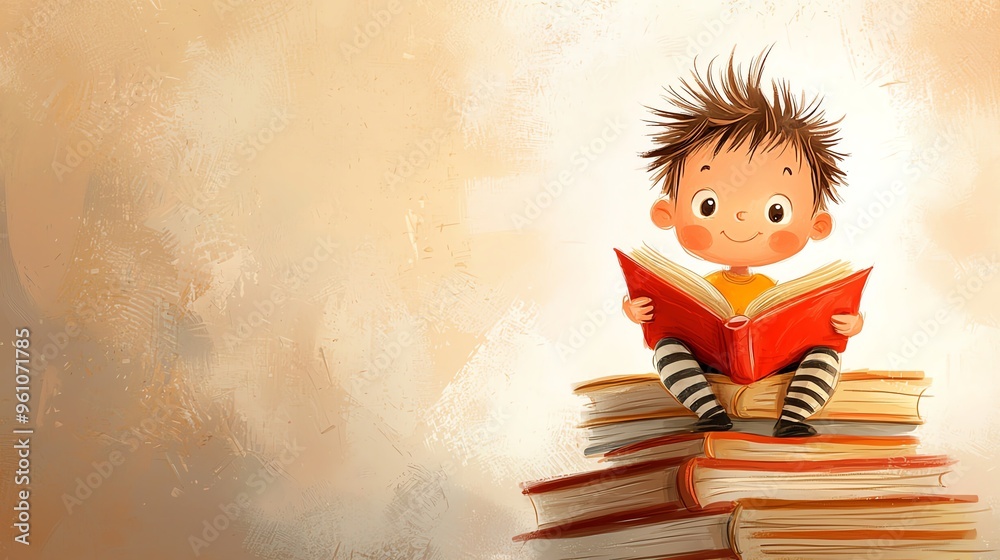 Cute child sitting on a stack of books and reading. Whimsical illustration with a warm, cozy background. Perfect for children's literature themes. Cute child sitting on a stack of books and reading. Whimsical illustration with a warm, cozy background. Perfect for children's literature themes.