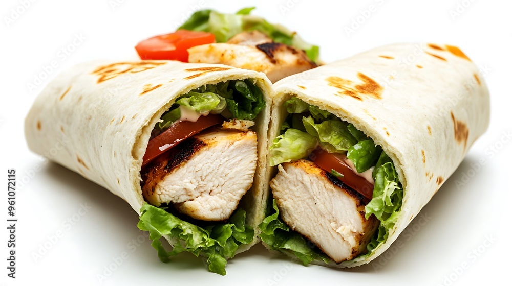Delicious Chicken and Salad Wrap Isolated on White Background Delicious Chicken and Salad Wrap Isolated on White Background