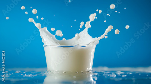 high-contrast image of a milk splash from a glass, the liquid creating sharp, defined shapes against a vivid blue background