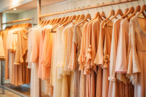 Elegant Pastel Dresses On Wooden Hangers In A Boutique. photo