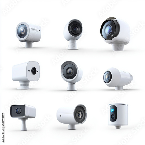 A set of nine modern security cameras in various designs, suitable for surveillance and safety in both home and business settings.