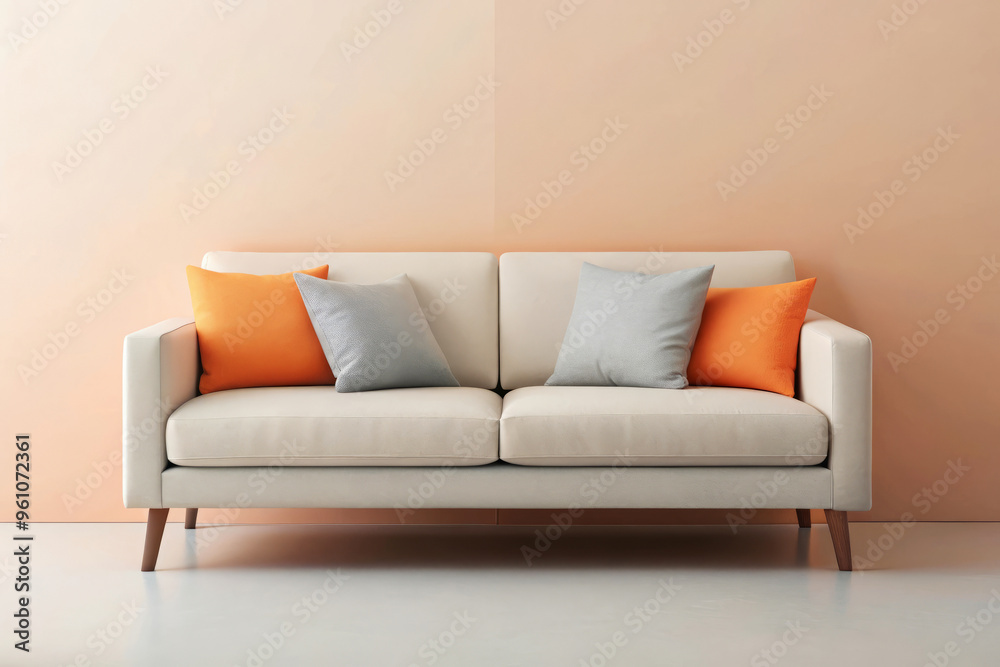 Modern white sofa with orange and gray pillows on neutral backdrop. minimalist living room design. Modern white sofa with orange and gray pillows on neutral backdrop. minimalist living room design.