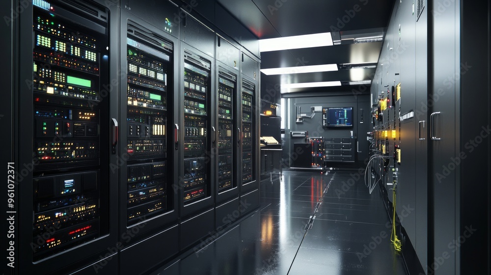 Server Room Interior: Black and Dark Technology Server Room Interior: Black and Dark Technology