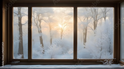 Through the window, a frosted winter scene with snow-covered trees and gentle lighting