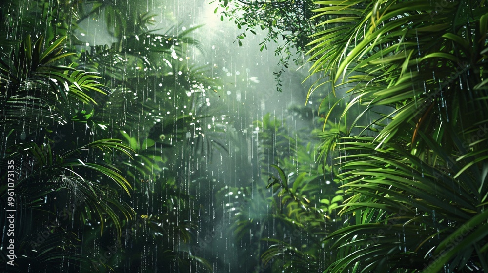 1. Dense tropical forest with heavy rain, lush green foliage, and raindrops splashing on the ground 1. Dense tropical forest with heavy rain, lush green foliage, and raindrops splashing on the ground