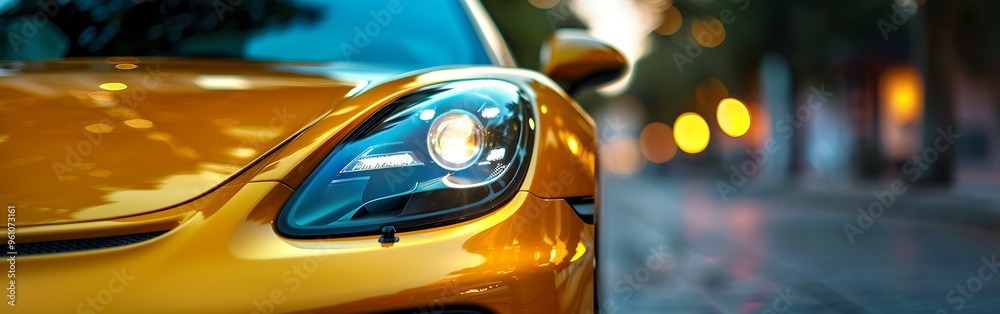 Headlight on a modern yellow car.