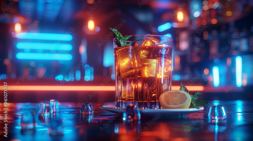 Refreshing Alcoholic Cocktail with Ice and Lemon on Bar Counter with Blurred Neon Lights Refreshing Alcoholic Cocktail with Ice and Lemon on Bar Counter with Blurred Neon Lights