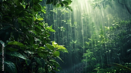 Fototapeta Naklejka Na Ścianę i Meble -  5. Rainy landscape in a dense forest with visible rain streaks, diverse plant life, and a tranquil mood