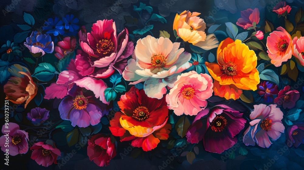 12. Colorful blossoms illuminated on a dark canvas, showcasing their rich and vibrant tones 12. Colorful blossoms illuminated on a dark canvas, showcasing their rich and vibrant tones
