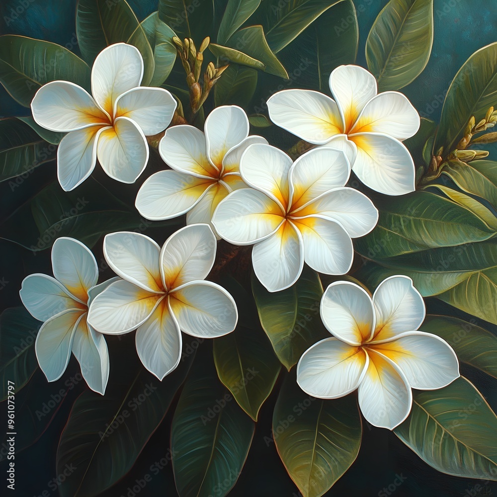 Fototapeta premium High-definition image of a common white frangipani showcasing its soft petals and golden center
