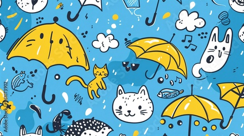 17. Doodle-style design with various umbrella illustrations, rain clouds, and playful pet characters