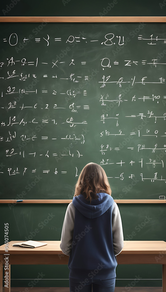 Rear View Illustration of a Student Looking Anxious in Front of a Chalkboard Filled with Complex Equations, Representing Math Anxiety and Academic Pressure, with Copy Space
Rear View Illustration of a Student Looking Anxious in Front of a Chalkboard Filled with Complex Equations, Representing Math Anxiety and Academic Pressure, with Copy Space