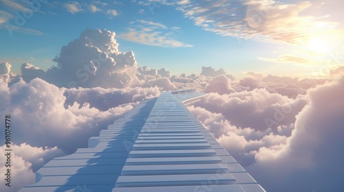 A captivating digital artwork featuring a continuous path of piano keys stretching through a cloud-filled sky at sunrise. The warm sunlight bathes the clouds in soft, golden hues, enhancing the serene